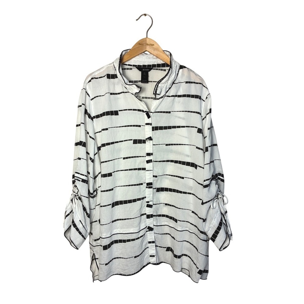 ALI MILES Size 3X White‎ Black Artsy Button Up Top Gathered Sleeves Lagenlook